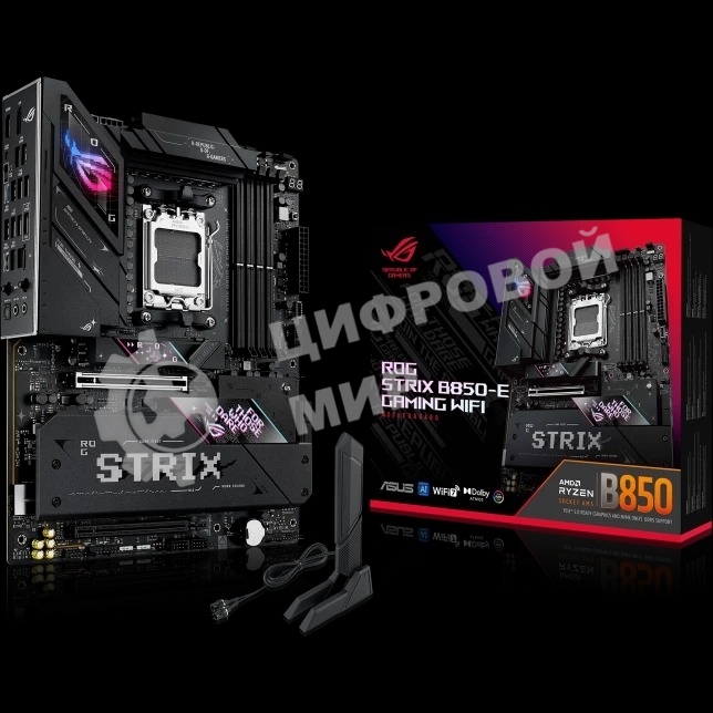Материнская плата ASUS ROG STRIX B850-E GAMING WIFI, AM5, AMD B850, 4xDDR5, 4xSATA, 5xM.2, 1xPCI-E 5.0 x16, 1xPCI-E 4.0 x16, 1xRealtek 5Gb Ethernet, 1xUSB-C 4, 1xUSB-C 20Gbps, 6xUSB-A 10Gbps, 4xUSB-A 2.0, 3x3.5 мм, 7.1, ATX