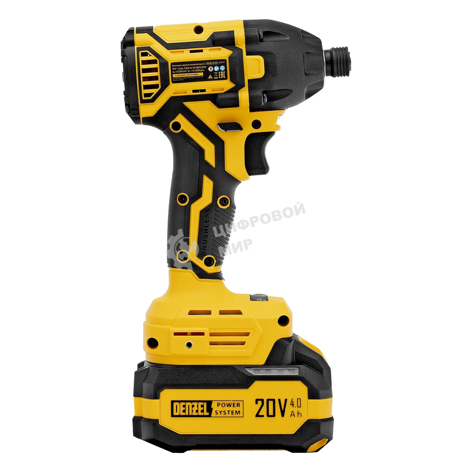 Винтоверт ударный аккумуляторный бесщет. Denzel CIDH-BL-20-270, Li-Ion, 20 В