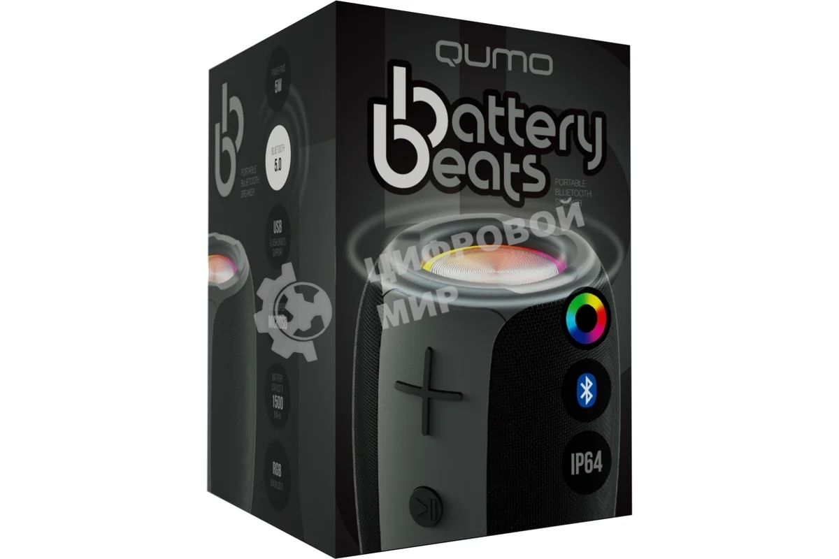 Колонка беспроводная QUMO BatteryBeats BT5.0 5Вт IP64 FM SD USB AUX подсветка 1500мА·ч черный