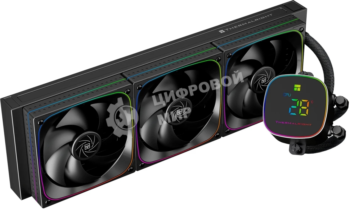 Система жидкостного охлаждения Thermalright Frozen Horizon 360 Digital (360мм, LED temp., Black, ARGB/Fans: 3x120мм, 68.9CFM, 28.2dBA, 2000RPM/Pump height 53.2мм, Rad thickness 27мм/S: 1700, 1200, 1851, 115X, AM5, AM4)