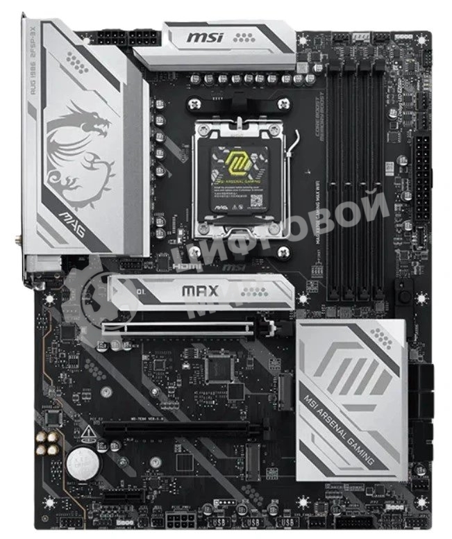 Материнская плата MSI MAG X870E GAMING MAX WIFI, AM5, AMD X870E, 4xDDR5, 4xSATA, 3xM.2, 2xPCIe 5.0 x16, 1xPCIe 4.0 x4, 1xPCIe 3.0 x1, 1xHDMI, 1x 5Gb LAN, 4xUSB 2.0, 4xUSB 3.2 Gen1, 2xUSB 3.2 Gen2, 2xUSB Type-C, 6x3.5 мм, 7.1, ATX