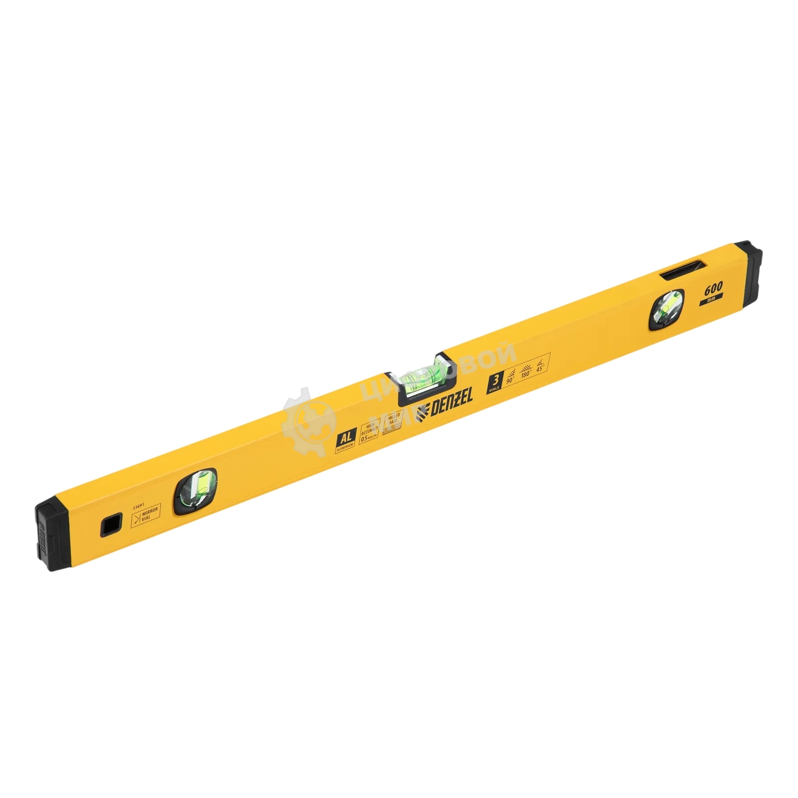 Уровень алюминиевый Denzel магнит., фрезерованный, 3 глазка (1 зеркал.), 0,5 мм/м, 600 мм