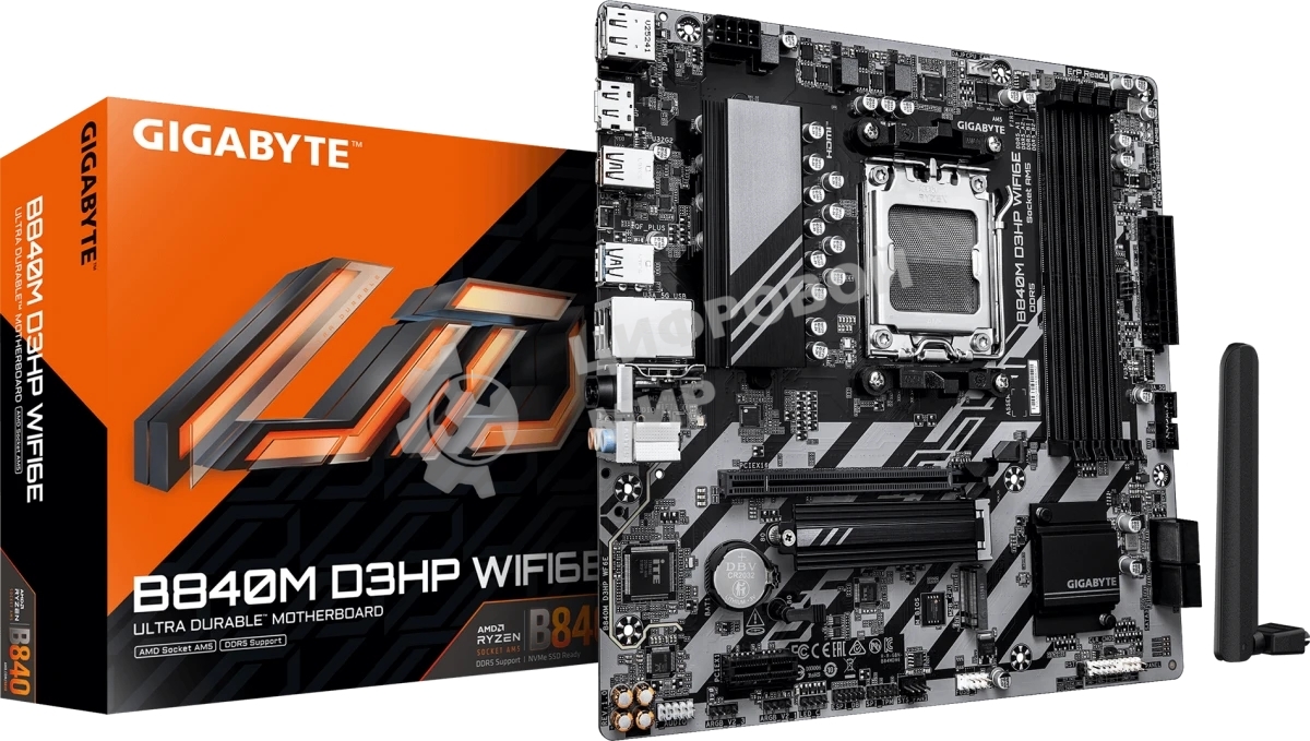 Материнская плата Gigabyte B840M D3HP WIFI6E, AM5, AMD B840, 4xDDR5, 4xSATA, 2xM.2, 1xPCIe 4.0 x16, 1xPCIe x1, 1xHDMI, 2xDP, 1x1Gb LAN, Wi-Fi 6E, Bluetooth 5.3, 1xUSB-C 5Gbps, 1xUSB-A 10Gbps, 3xUSB-A 5Gbps, 2xUSB-A 2.0, 1xPS/2, 3x3.5 мм, 7.1, mATX