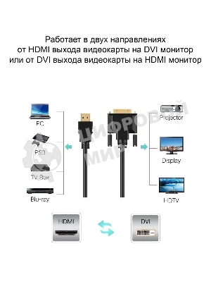 Кабель HDMI to DVI-D (19M -25M) 2м, TV-COM, 2 фильтра LCG135F-2M