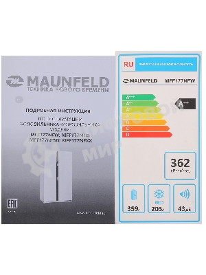 Холодильник Maunfeld MFF177NFW белый глянец двухкамерный 263/170л морозилка сбоку, No Frost, Side by Side