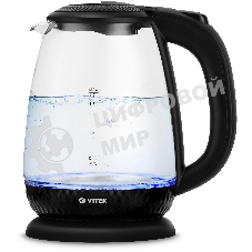 Чайник электрический Vitek VT-7074 1.7 л, 2200 Вт, прозрачный/черный корпус: стекло/пластик
