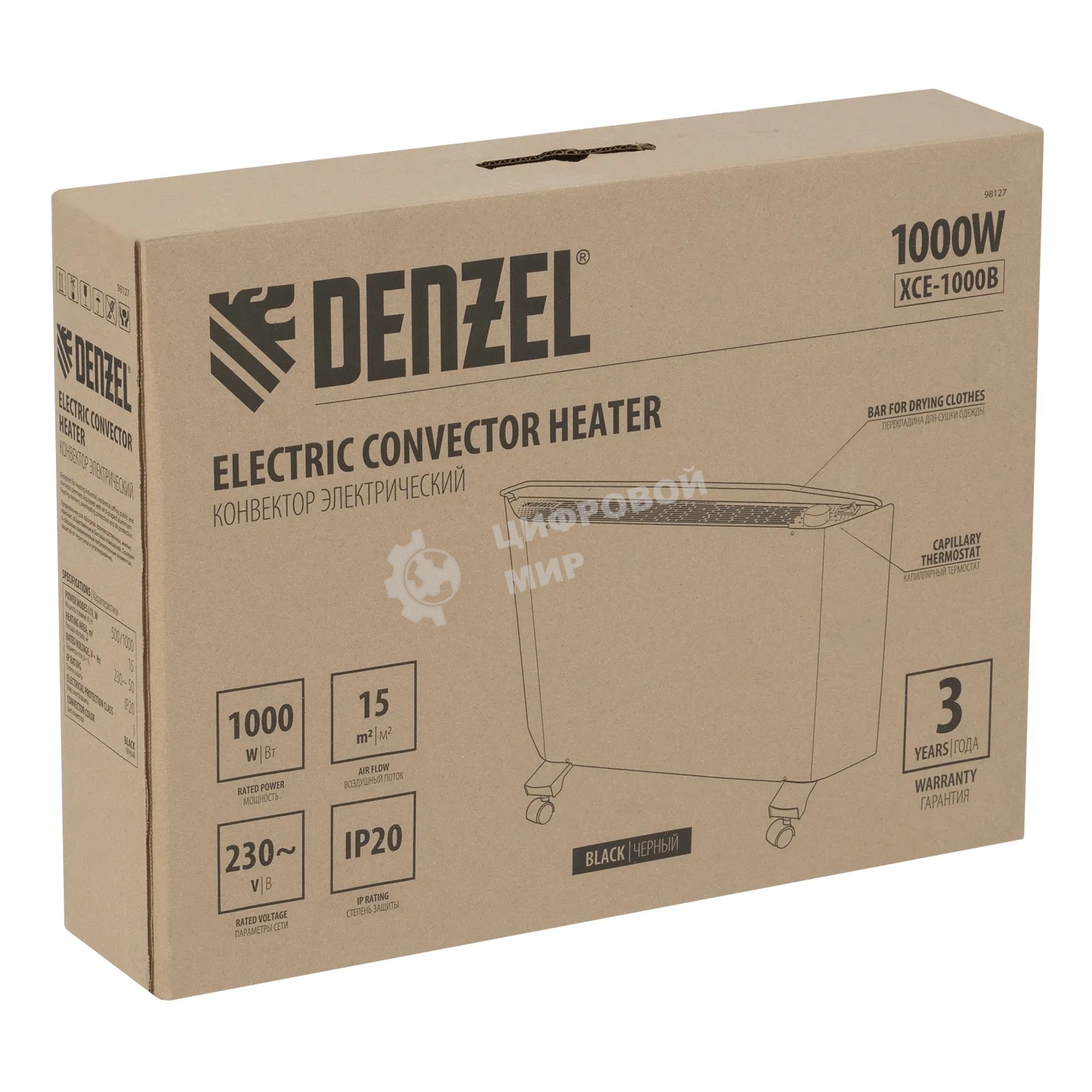 Конвектор электрический Denzel XCE-1000B черный, 1000 Вт, 15 м2, термостат