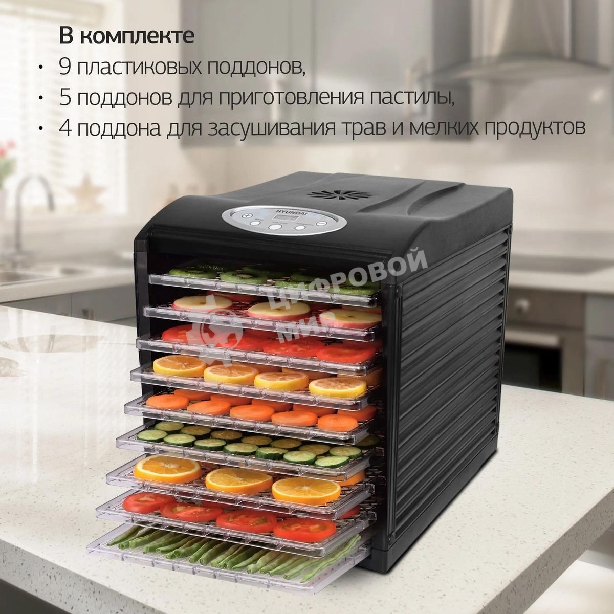 Сушка для фруктов и овощей Hyundai HYFD-P1801 18под. 700 Вт, черный