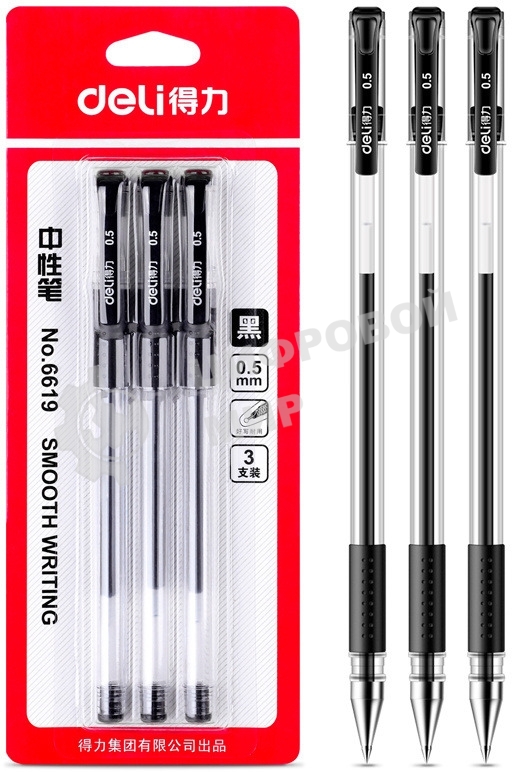 Набор ручек гелевых Deli 6619-BK прозрачный/черный, черные чернила, блистер (3шт), линия 0.5мм, резиновая манжета
