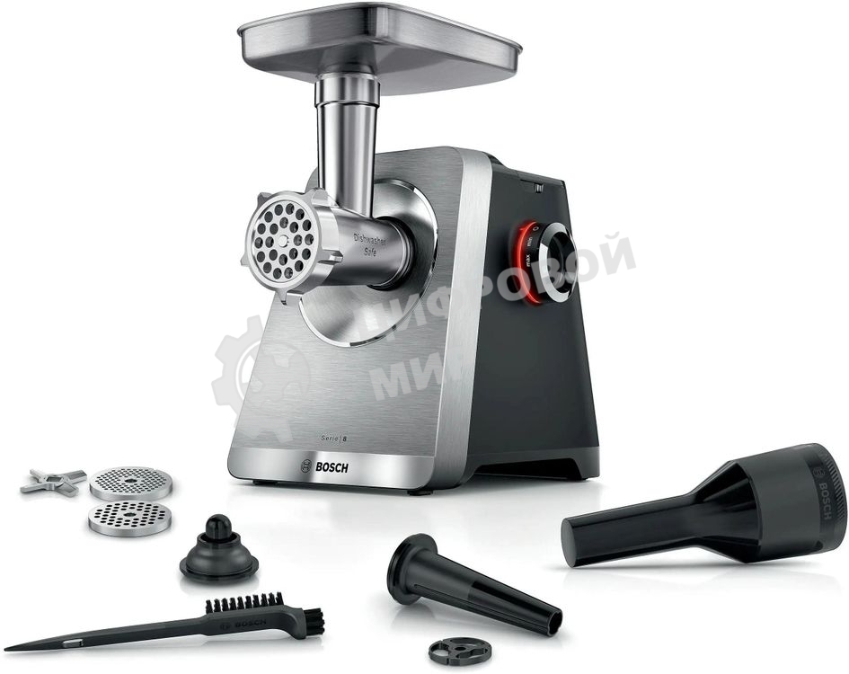 Мясорубка электрическая Bosch Series 8 MFWS820M черный, 2500 Вт, 4.5 кг/мин, реверс, защита от перегрузки, металлический лоток, насадки - 5
