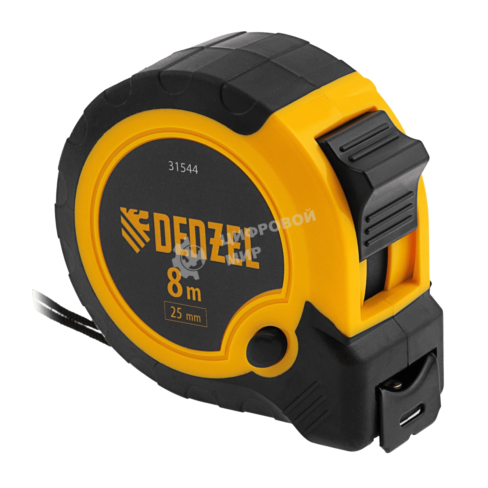 Рулетка Denzel 8м х 25мм, двухкомп. корпус, кнопка-пауза