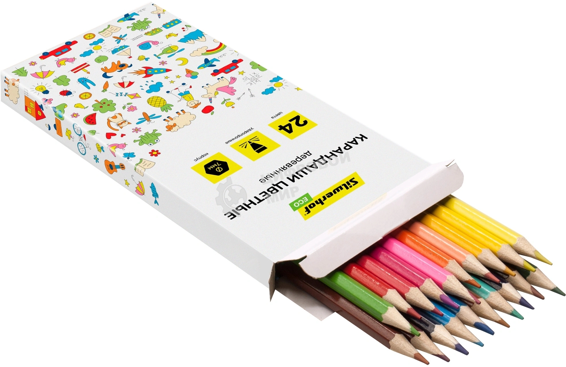 Карандаши цветные Silwerhof Eco 2.65мм, шестигранный профиль, дерево, ассорти, 24 цвета, коробка с европодвесом