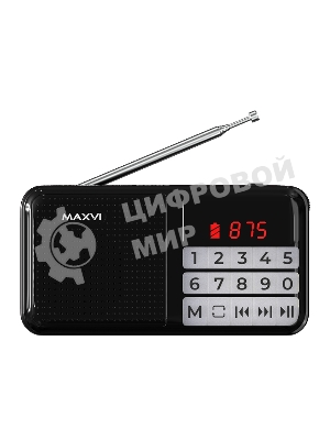 Радио FM-приемник Maxvi PR-02 черный. Цифровой приемник Maxvi PR-02 предназначен для прослушивания радио и музыки. Миниатюрный Maxvi PR-02 - удобный в переноске и помещается в карман. Можно использовать карты памяти microSD и внешний USB-накопитель для воспроизведения музыки, а также аудиокниг. Благодаря функции автоматического поиска гаджет может самостоятельно находить доступные радиостанции и сохранять их в памяти
