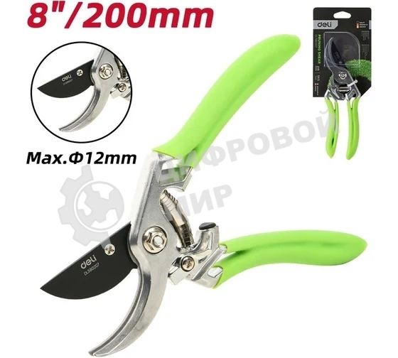 Секатор садовый Deli DL580207 цельнокованный, лезвия с тефлоновым покрытием, длина 215мм, макс. диаметр резки 12мм, сталь SK5