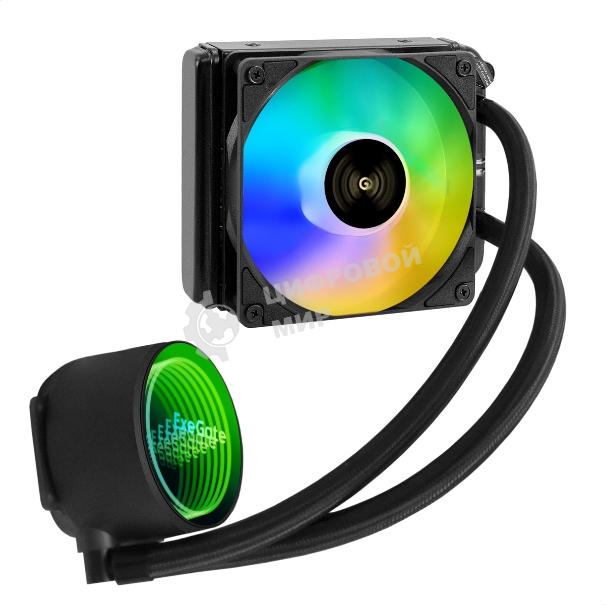 Комплект жидкостного охлаждения ExeGate BlackWater-120V3.PWM.ARGb (3 PIN 5V ADDRESSABLE RGb подсветка, LGA2066/2011/1366/1150/1151/1155/1156/1200/1700/1851/AM4/AM5/FM1/FM2/FM2+/AM2/AM2+/AM3/AM3+, TDP 150W, Fan 120мм 4pin PWM 600-1800RPM Hydro bearing, помпа 3pin 2700RPM, макс. шум 37db, с термопастой, на винтах, черный, Color Box)