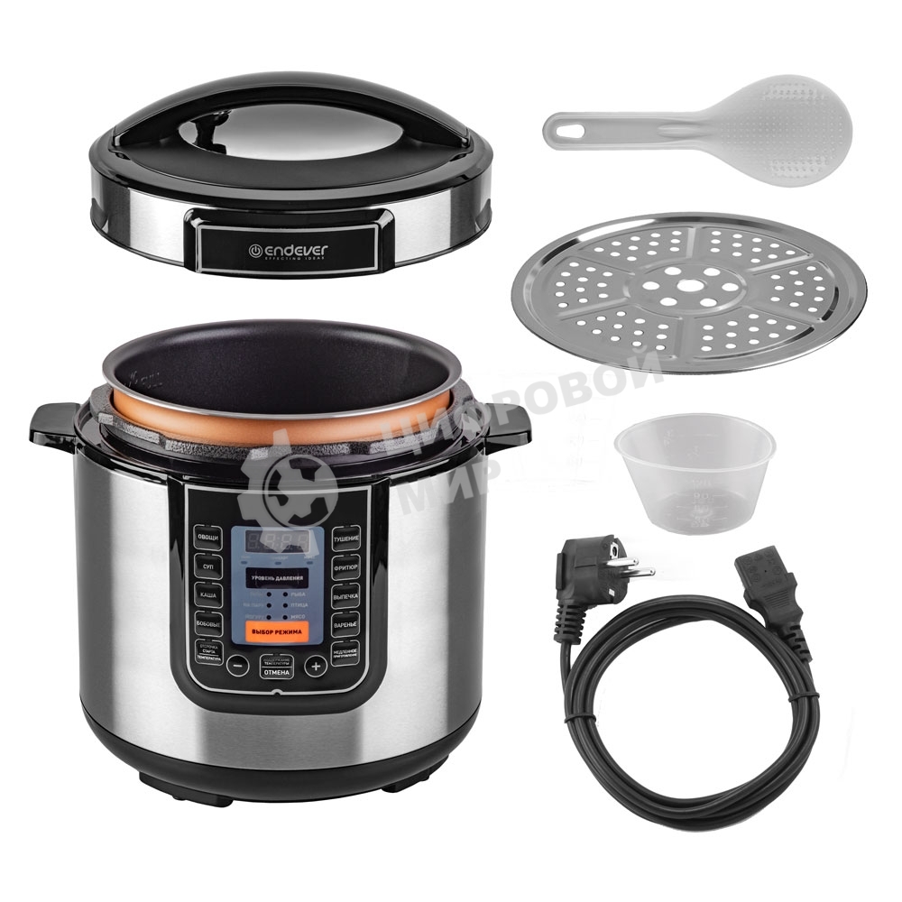 Скороварка-мультиварка электрическая Endever Vita-132, черный/стальной, мощность 1200 Вт, емкость 6л, 16 авторежимов работы, книга рецептов, 2 шт/уп.