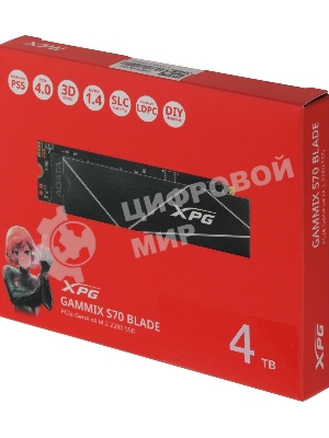 Накопитель SSD ADATA XPG BLADE S70, 4Tb, PCIe 4.0 x4, M.2 2280, NVMe, R/W 7400/6600, с радиатором