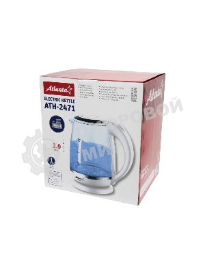 Чайник электрический Atlanta ATH-2471 бел, стекло Стекло, 2л, 2200 Вт, белый, температурная иллюминация, защита от перегрева без воды.