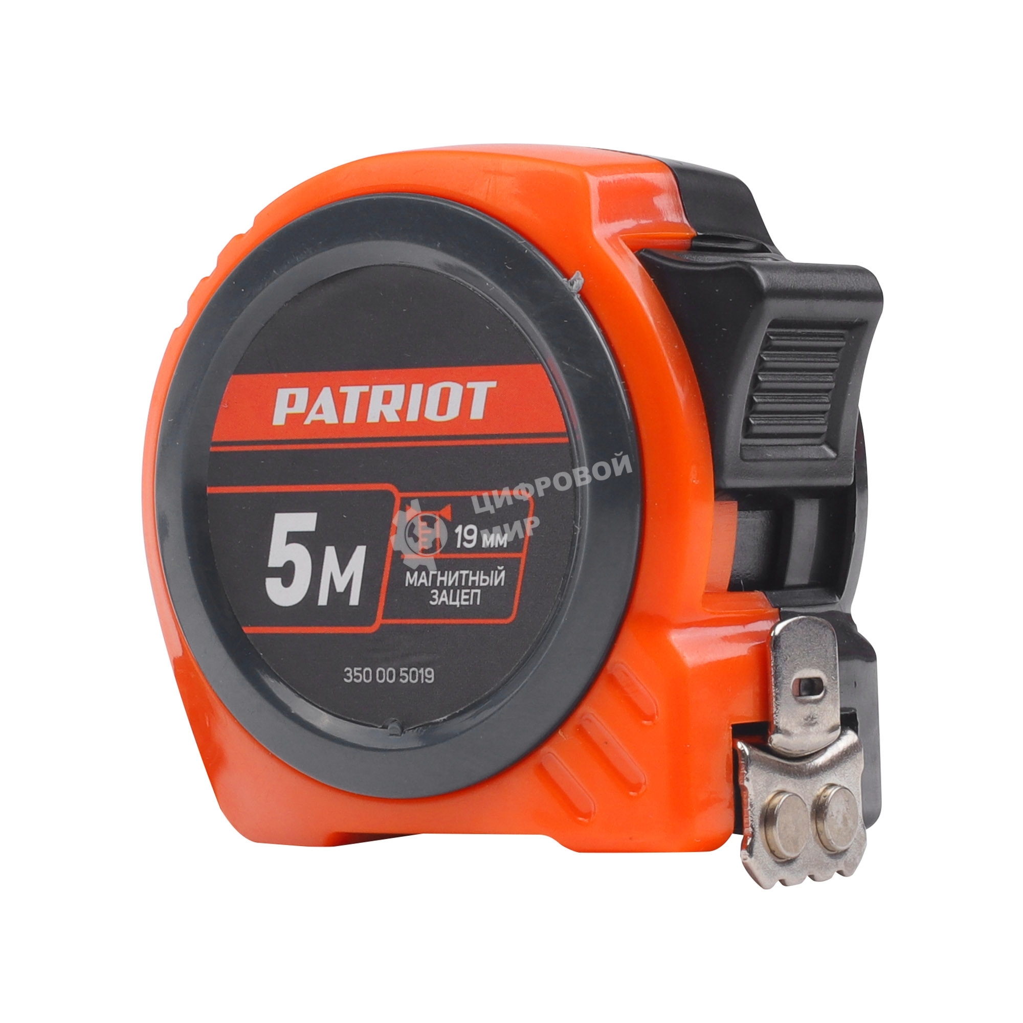 Рулетка PATRIOT MTP-5-19, магнит, 2сторон.зацеп, антиблик.нейлон.покрытие, крупн.шрифт, двусторон.белая лента, 5м*19 мм