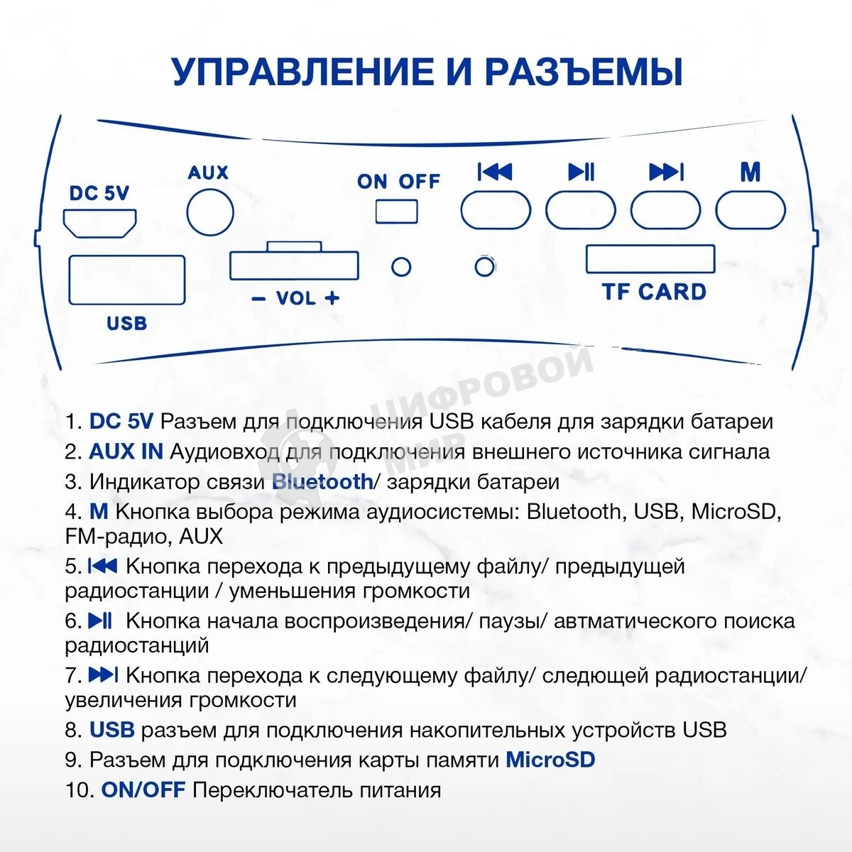 Колонка портативная Hyundai H-PAC220 черный/голубой 10W 1.0 BT/3.5Jack/USB