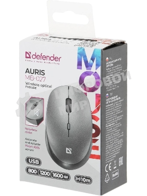 Мышь беспроводная Defender Auris MB-027 серый, 1600 dpi, радиоканал, USB, кнопки - 4