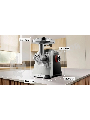 Мясорубка электрическая Bosch Series 8 MFWS835M черный, 2500 Вт, 4.5 кг/мин, реверс, защита от перегрузки, металлический лоток, насадки - 6