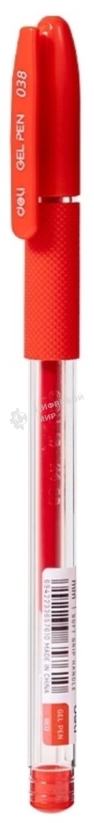 Ручка гелевая Deli EG150-RD прозрачный, d=0.38мм, красные чернила, игловидный пишущий наконечник, резиновая манжета