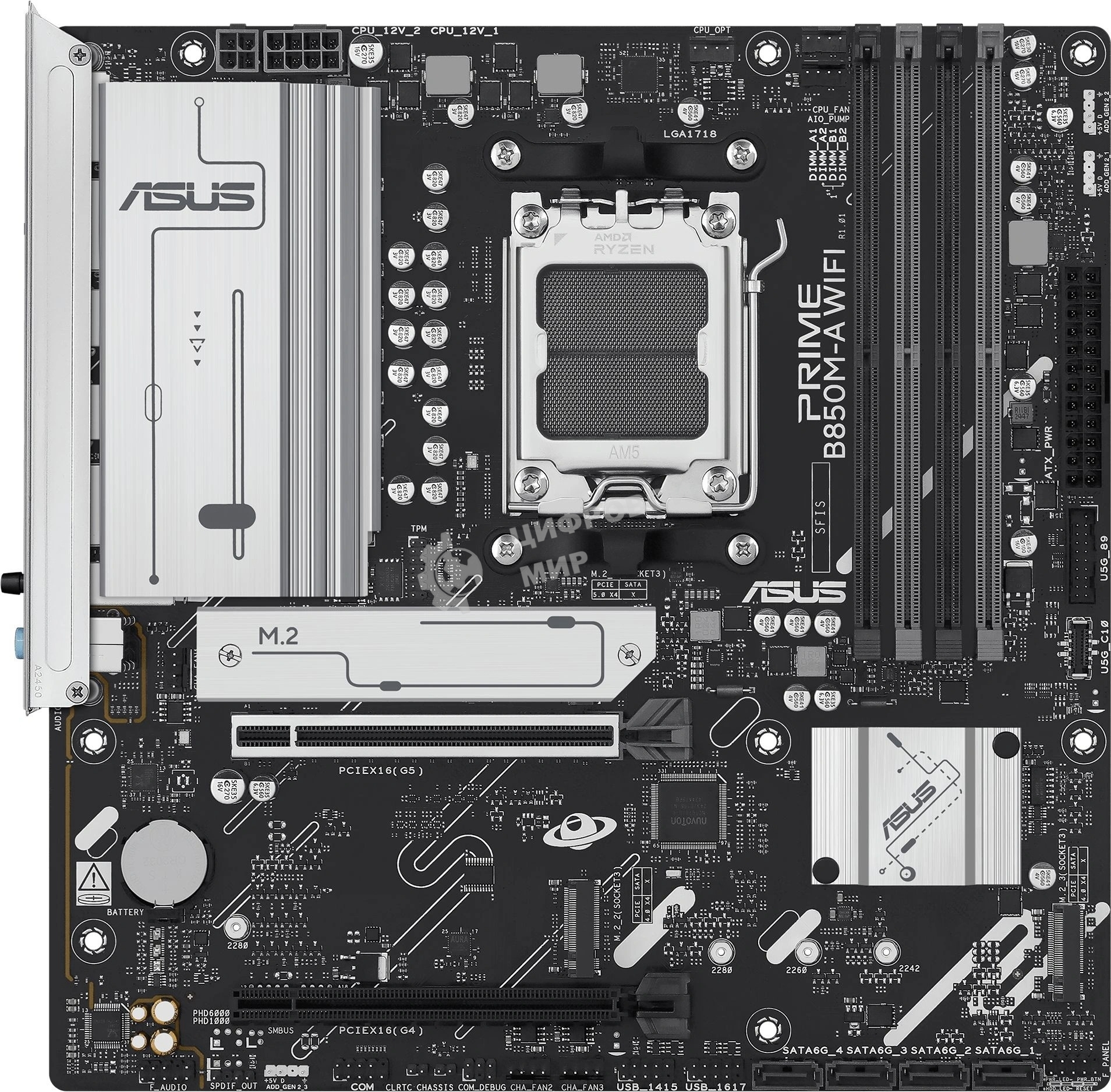 Материнская плата ASUS PRIME B850M-A WIFI, AM5, AMD B850, 4xDDR5, 4xSATA, 3xM.2, 1xPCIe 5.0 x16, 1xPCIe 4.0 x16, DisplayPort, HDMI, 1x2.5Gb LAN, 8xUSB, 3x3.5 мм, 7.1, microATX
