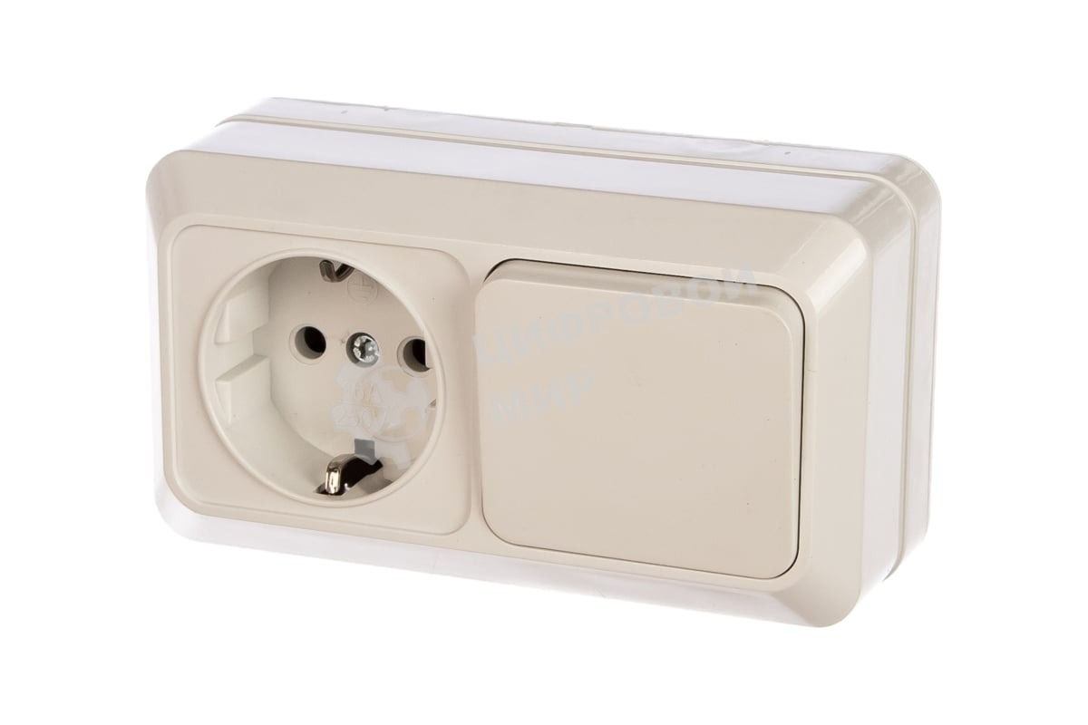 Блок выключатель одноклавишный + розетка с заземлением Олимп горизонтальный белый