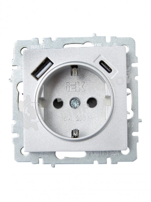 Розетка 1-местная IEK BRITE РЮш11-1-БрА (BR-R14-16-U22-018-K47) с заземлением, с защитными шторками, 16А, с USB A+C 18 Вт, алюминий
