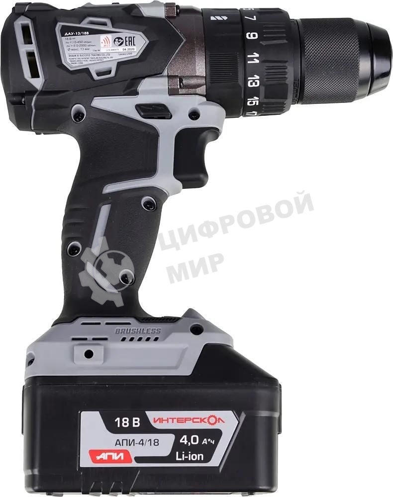 Дрель-шуруповерт аккумуляторная ИНТЕРСКОЛ ДАУ-13/18В, Аккумуляторный, 18В, Ударный, Кейс