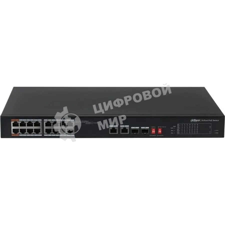 Коммутатор неуправляемый 16-портовый Dahua DH-S3218-16ET-135 с РоЕ, 16xRJ45 100Mb, 2хКомбо SFP/RJ45 1Gb uplink, суммарно до 135Вт, коммутация 7.2 Гбит/с, MAC-таблица 8К