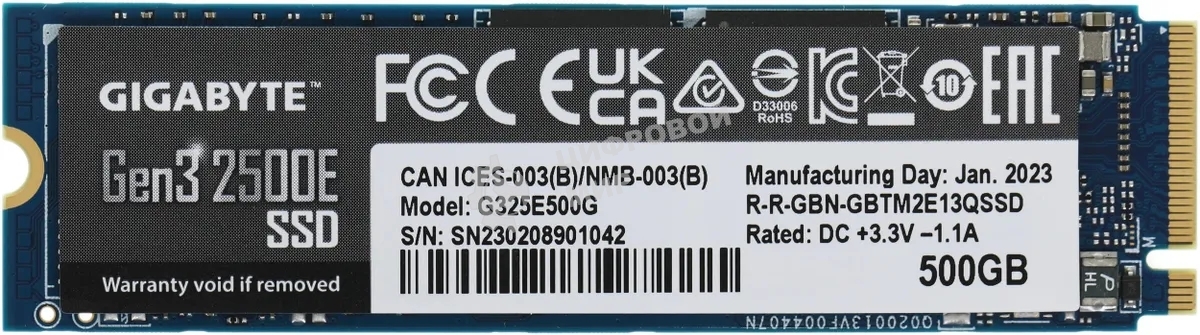 Накопитель SSD GIGABYTE AORUS Gen3 2500E, 500Gb, M.2 2280, PCIe 3.0 x4, NVMe, R/W 2300/1500