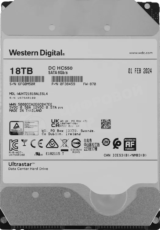 Жесткий диск HDD WD Ultrastar DC HC550 18Tb 7200rpm SATA 512Mb 3.5