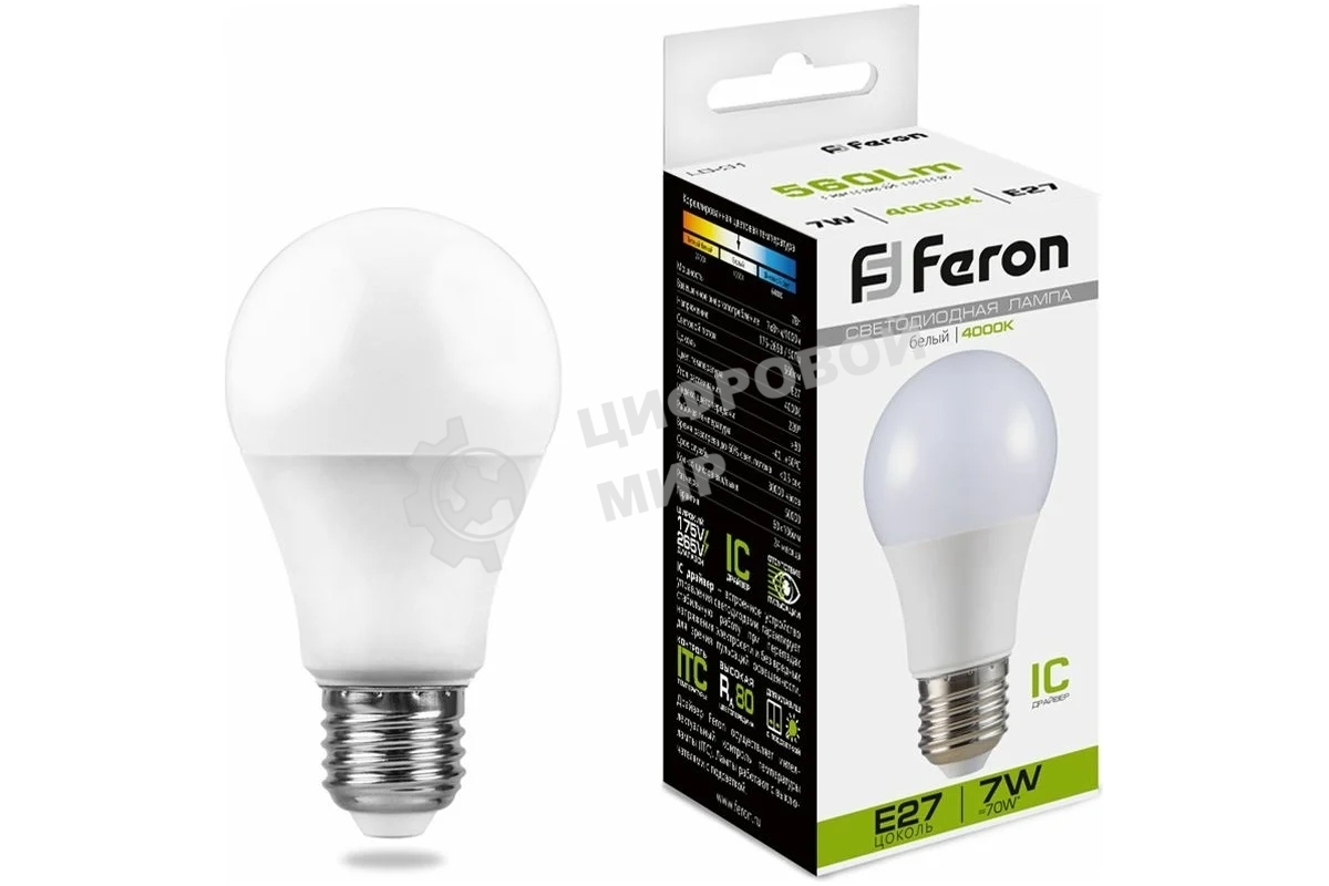 Лампа светодиодная Feron LB-91 7W 230V E27 4000K A60