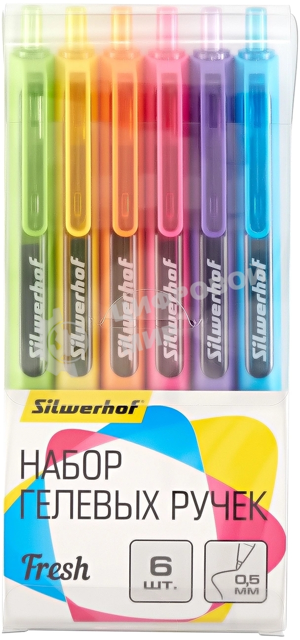 Набор ручек гелевых автоматических Silwerhof NG Fresh, d=0.5мм, синие чернила, блистер с европодвесом (6шт) сменный стержень