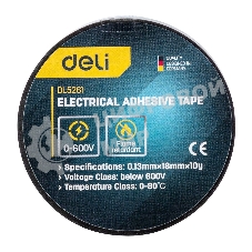 Изолента Deli DL5261 0,13 мм х 18 мм х 10 м Уровень напряжения: менее 600 В. Температурный рейтинг: 0-80. ПВХ.