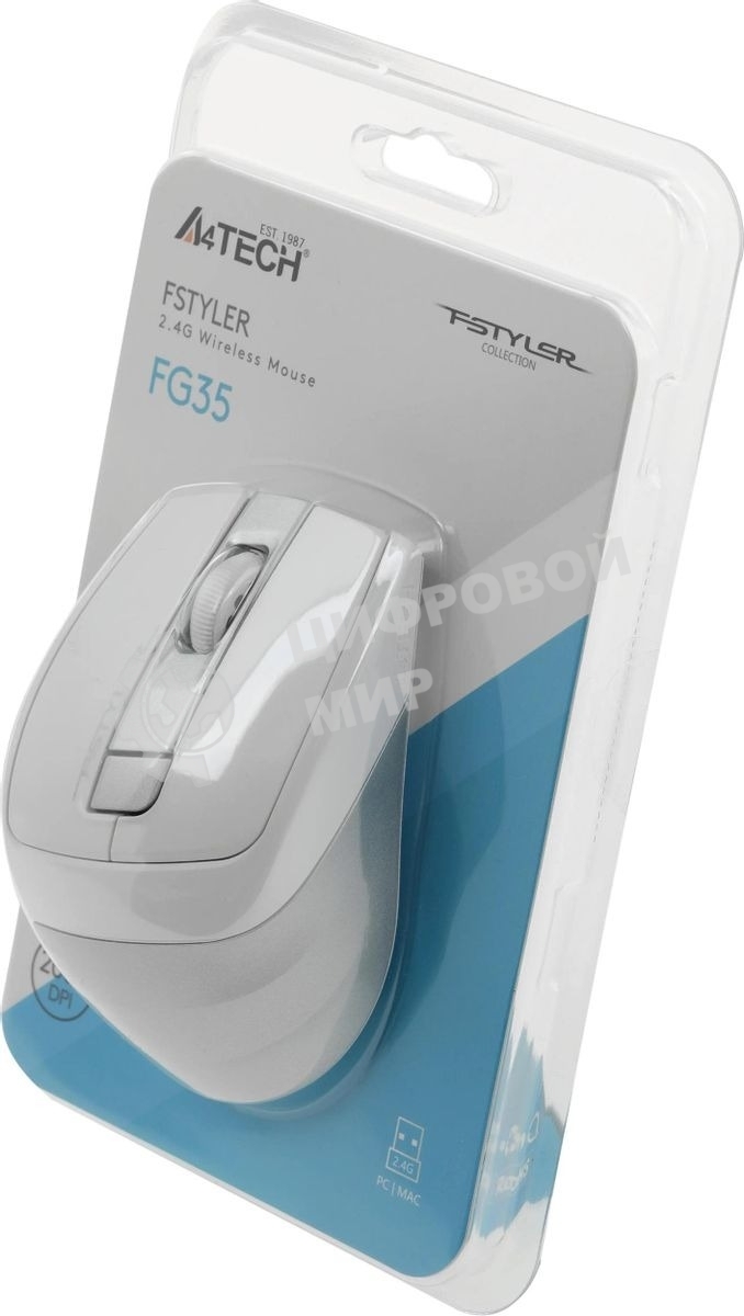 Мышь беспроводная A4Tech Fstyler FG35 серебристый/белый, 2000 dpi, радиоканал, USB, кнопки - 6
