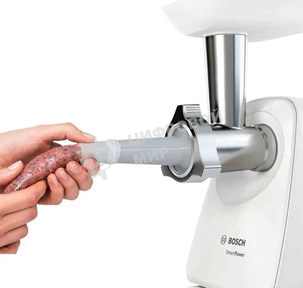 Мясорубка электрическая Bosch MFW2510W белый, 1500 Вт, 1.7 кг/мин, защита от перегрузки, насадки - 3