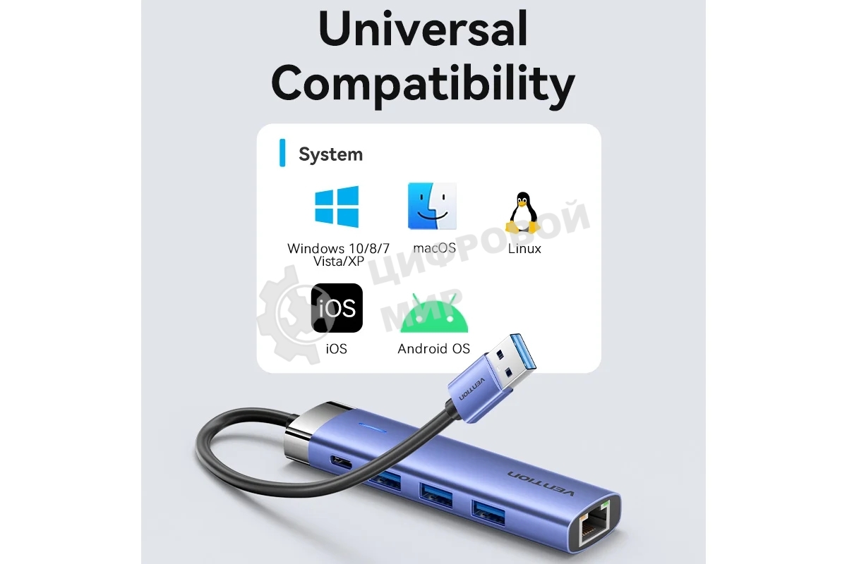 Сетевой адаптер Vention USB 3.0 M/Gigabit Ethernet RJ45+OTG хаб 3xUSB Синий - 0.15м.