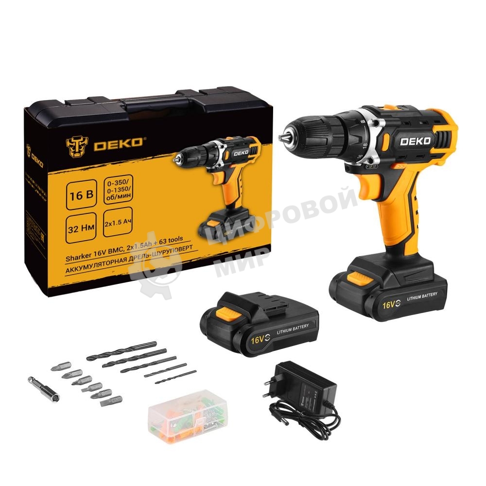 Дрель-шуруповерт Deko Sharker 16V, 16 В, 1,5 Ач, 32 Нм, щеточный
