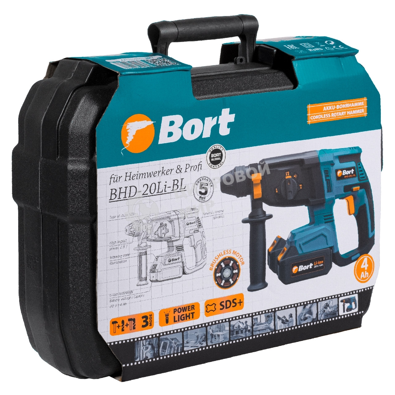 Перфоратор аккумуляторный Bort BHD-20Li-BL (2x4,0А.ч) (93412697) Напряжение аккумуляторной батареи 20 В; Двигатель Бесщеточный двигатель; Энергоемкость аккумуляторной батареи 4 А·ч; Тип аккумуляторной батареи Li-Ion; Скорость холостого хода ...1200 об/мин