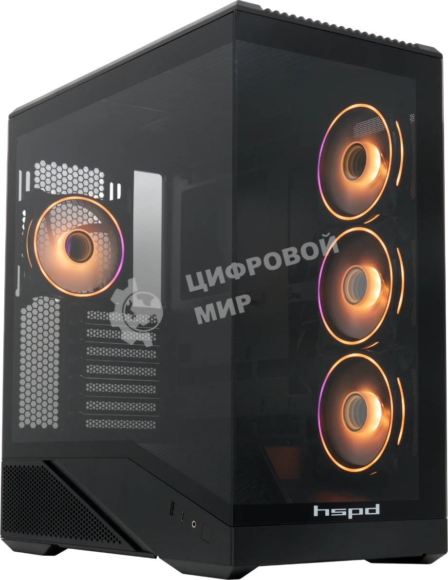 Компьютерный корпус без блока питания HSPD F711-TGbK-ARGB, Panoramic Full Tower, черный, TG, 0.7 SPCC, 4x120мм ARGB ATX, mATX, mITX 190/420/280мм 2x2.5