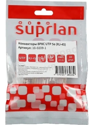 Коннектор Suprlan 10-0209-1, UTP cat.5e RJ45, прозрачный, 10шт