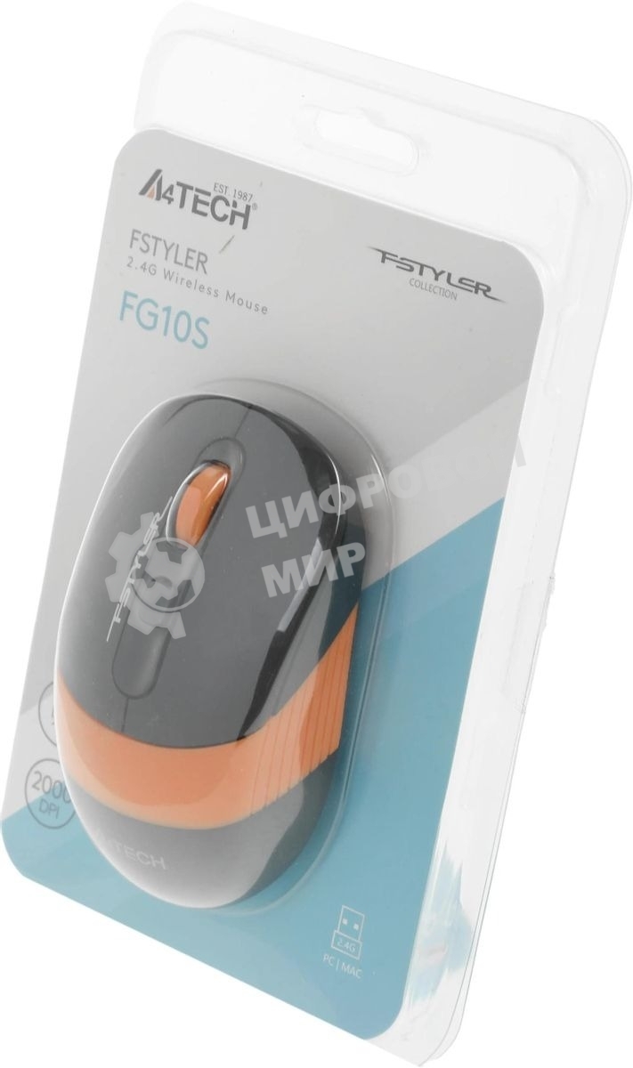 Мышь беспроводная A4Tech Fstyler FG10S черный/оранжевый, 2000 dpi, радиоканал, USB, кнопки - 4