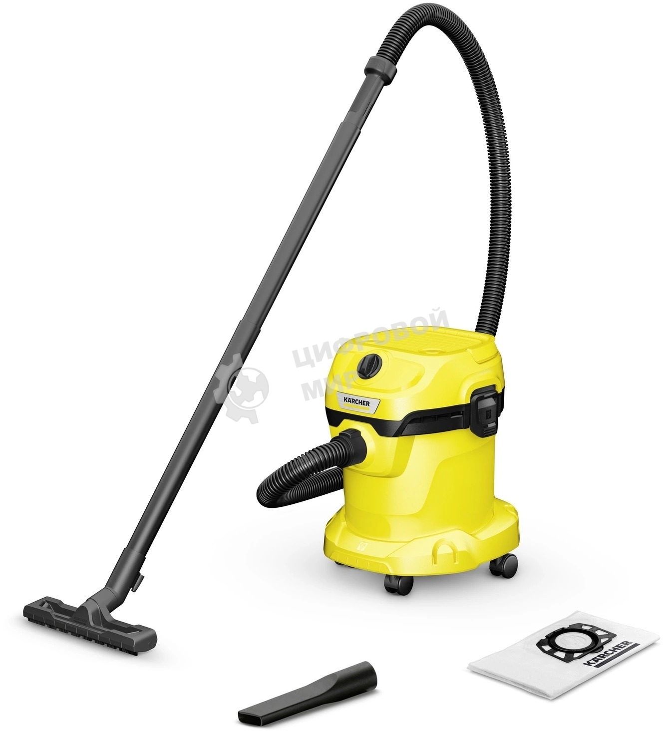 Строительный пылесос Karcher WD 2 V-15/4/18 желтый, 180/1000 Вт, уборка сухая/влажная, пылесборник мешок/контейнер, 15 л