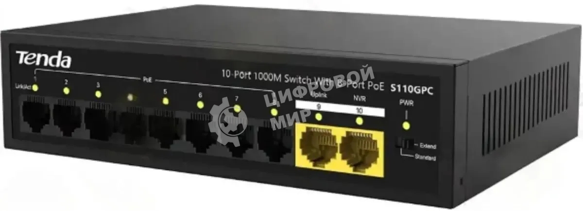 Коммутатор неуправляемый Tenda S110GPC PoE, 10 портов, 8x100 Мбит/с, 2х1 Гбит/с, PoE 8х30 Вт (до 80 Вт), настольный