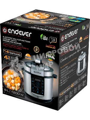 Скороварка-мультиварка электрическая Endever Vita-134, стальной, мощность 1200 Вт, емкость 6л, 20 авторежимов работы, книга рецептов