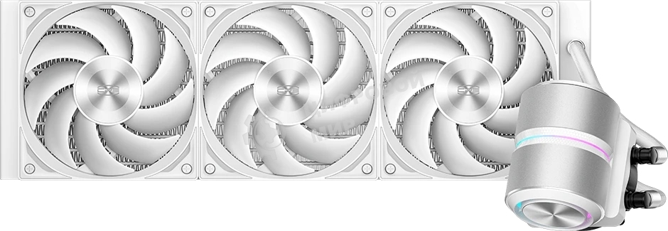Система охлаждения Water Cooling System PCCooler DE360 Pro WH (300W, 360мм, White, ARGB Pump, Fans: 3x120мм, 86.73CFM, 32dBA, 2200RPM/Pump height 57мм, 28dBA, 3200RPM, Rad thickness 27мм/S: 1851, 1700, 1200, 115X, AM5, AM4, AM3)
