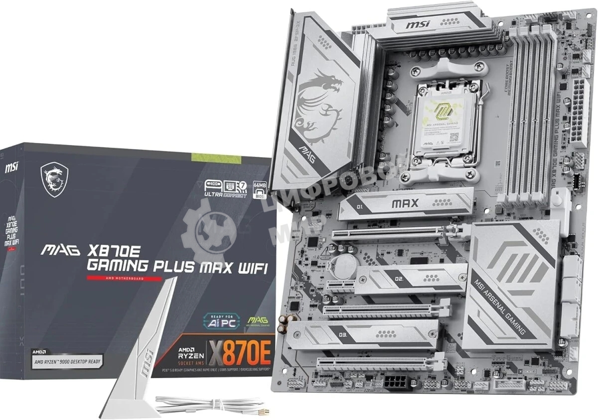 Материнская плата MSI MAG X870E GAMING PLUS MAX WIFI, AM5, AMD X870E, 4xDDR5 (до 256 ГБ), 4xSATA, 3xM.2 (1xPCIe 5.0, 2xPCIe 4.0), 1xPCIe 5.0 x16, 1xPCIe 4.0 x16, 1xPCIe 3.0 x16, 1xPCIe x1, 1xHDMI, 1x5Gb LAN, Wi-Fi 7, Bluetooth 5.4, 1xUSB-C 40Gbps (USB4), 1xUSB-C 20Gbps, 2xUSB-A 10Gbps, 2xUSB-A 5Gbps, 4xUSB-A 2.0, 3x3.5 мм + S/PDIF оптический, 7.1, белый, ATX